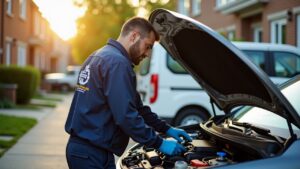 A mobile mechanic in Sacramento uses diagnostic equipment to repair a car's air conditioning system in a residential driveway on a sunny summer day, with tools and refrigerant parts nearby.